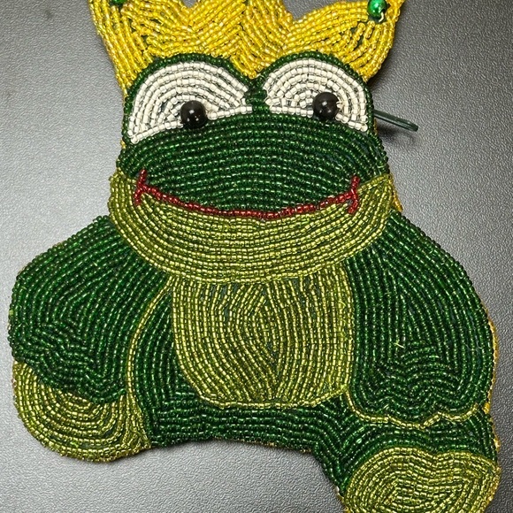 Vtg Prince King Happy Beaded Frog Small Change Zip Purse Crossbody Gold Crown - Picture 4 of 11